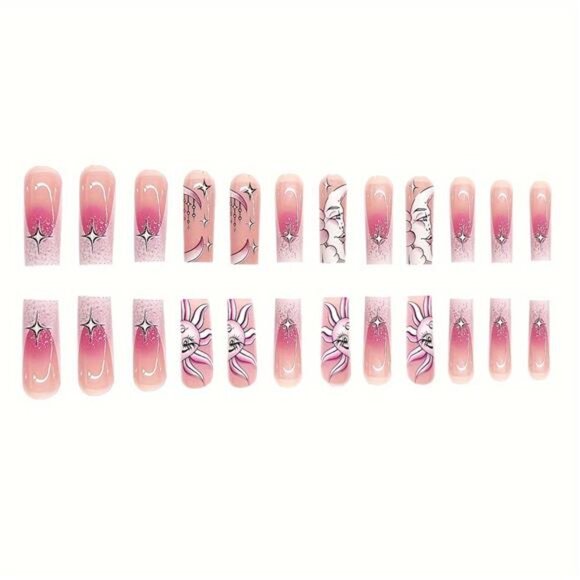 24-Piece Coffin Press On Nails Set Star Moon Sun Design - Picture 3 of 9